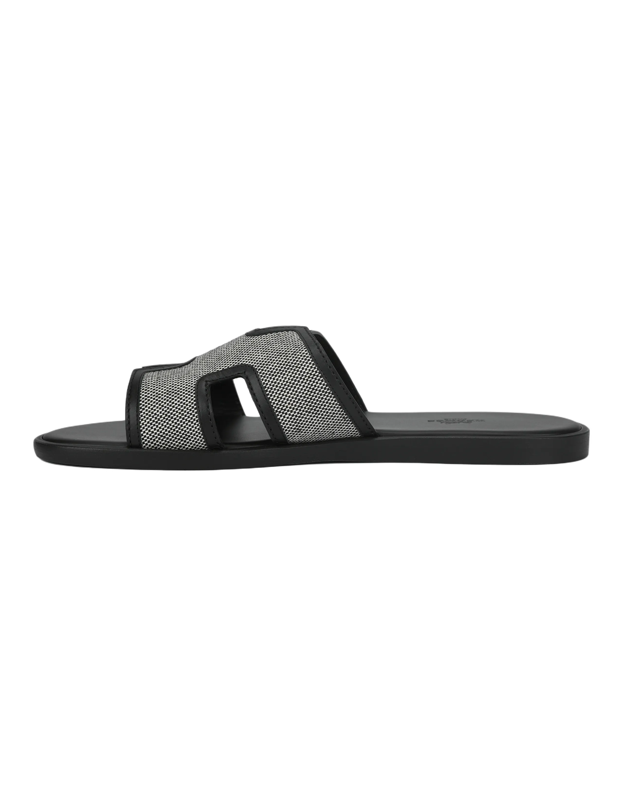 HERMES Izmir Canvas Calfskin Round Toe Flat Single Strap Slides Men's Black