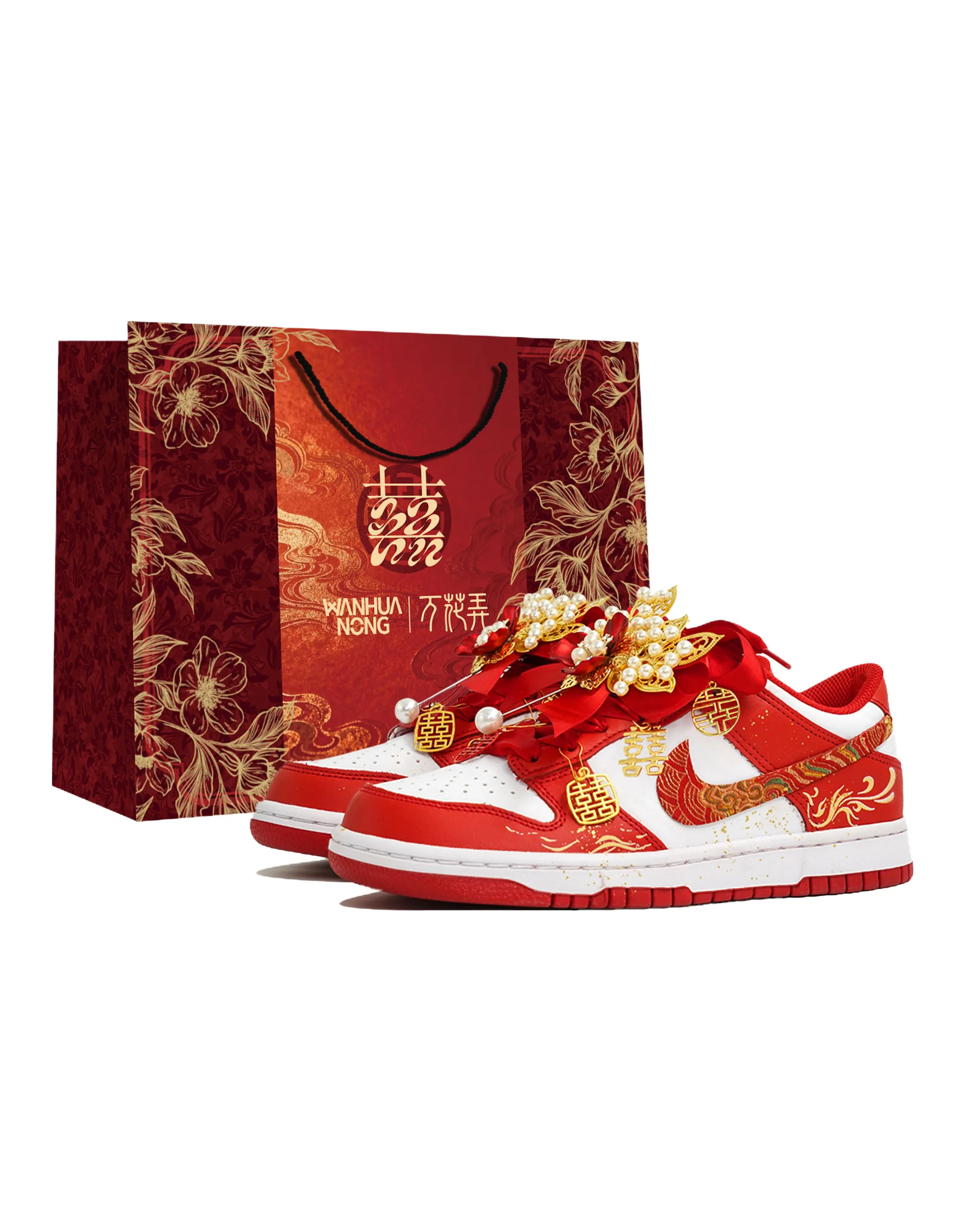 [Custom Sneakers] Nike Dunk "Phoenix Dance" Auspicious Gift Bag Edition Phoenix Pattern Festive Luxurious Texture Feather Texture Traditional Chinese Wedding Versatile Daily Detachable Low-Top Skate Shoes Women's White/Red