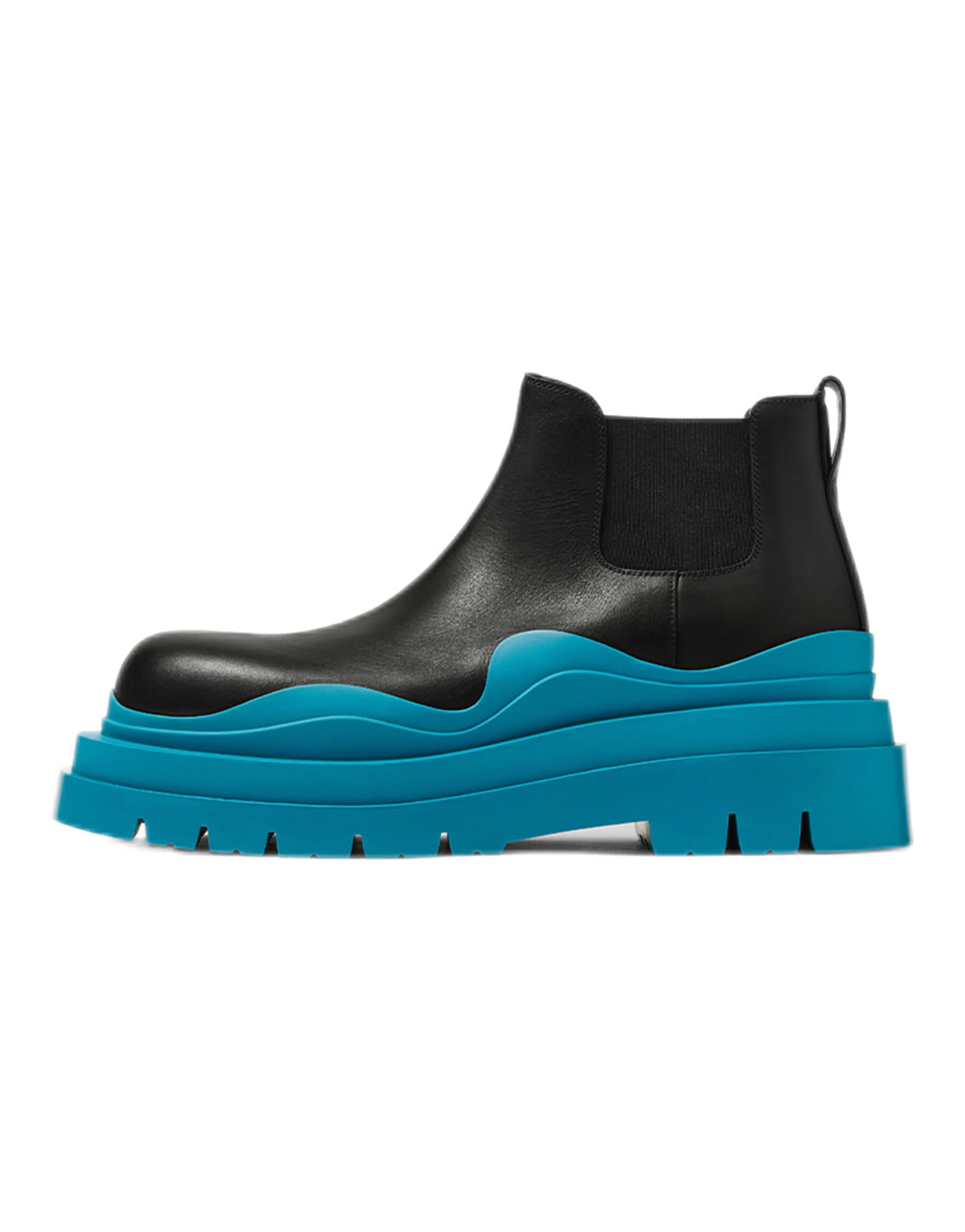 Bottega Veneta Leather Tire Chunky Sole Ankle Chelsea Boot Black Amalfi Blue