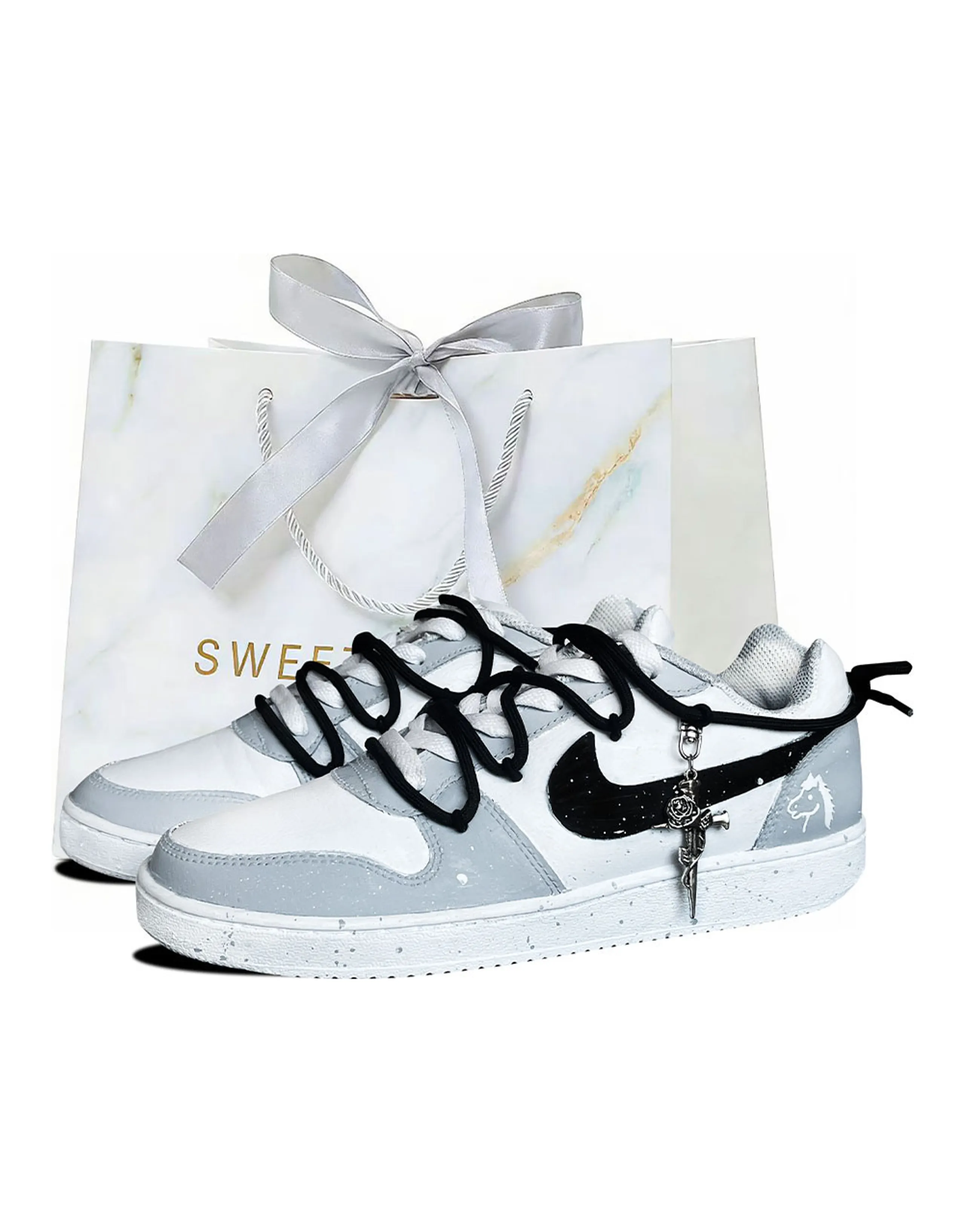 Custom Sneakers Nike EBERNON 'Cloud Stepping on Snow' Gift Bag Simple Casual Splatter Paint Low-Top Board Shoes Unisex White Grey