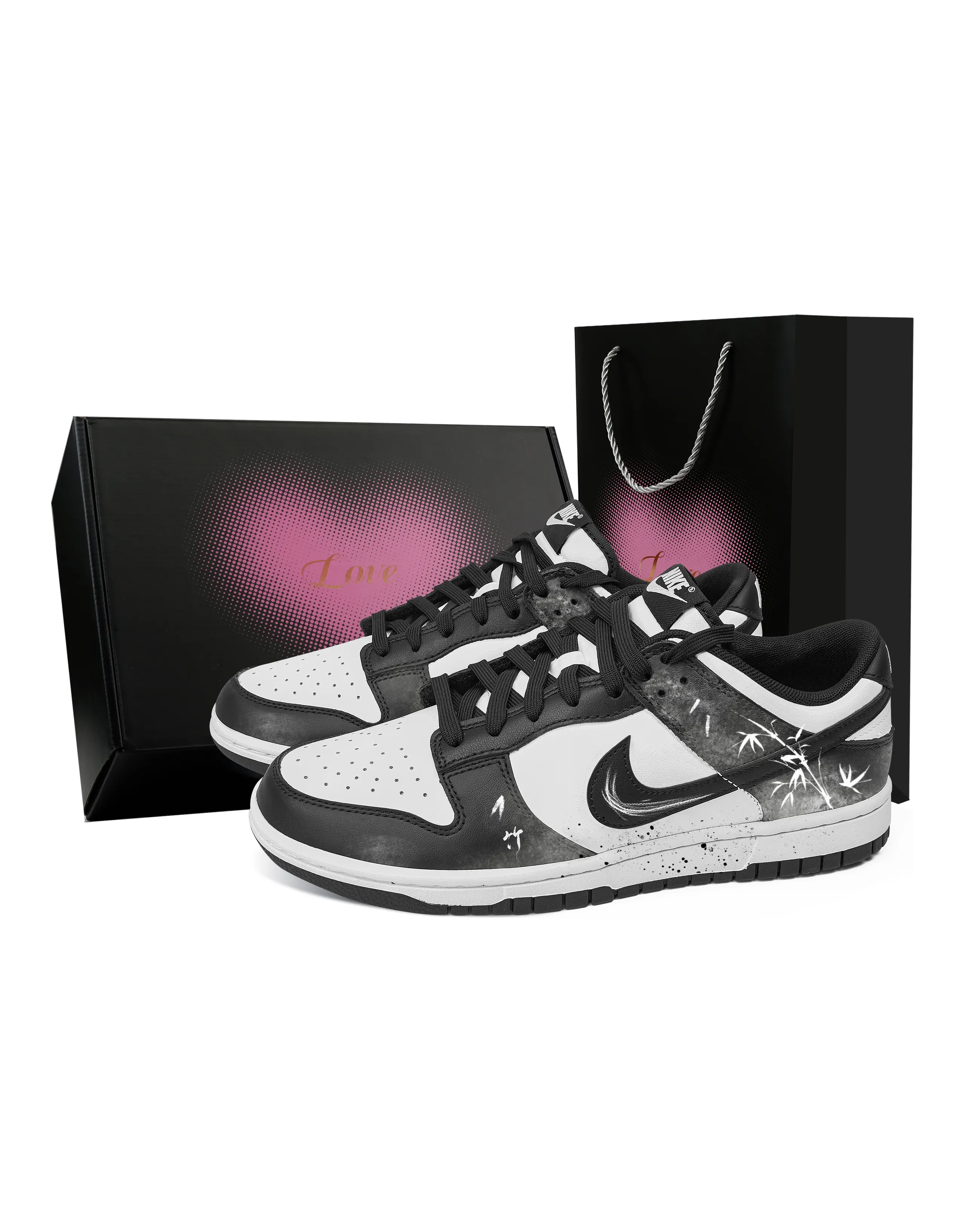 Custom Sneakers: Nike Dunk Ink Bamboo Shadow Heart Gift Box Chinese Style Ink Splash Hand-Painted Trend Versatile Wear-Resistant Low-Top Skate Shoes Unisex Black/White