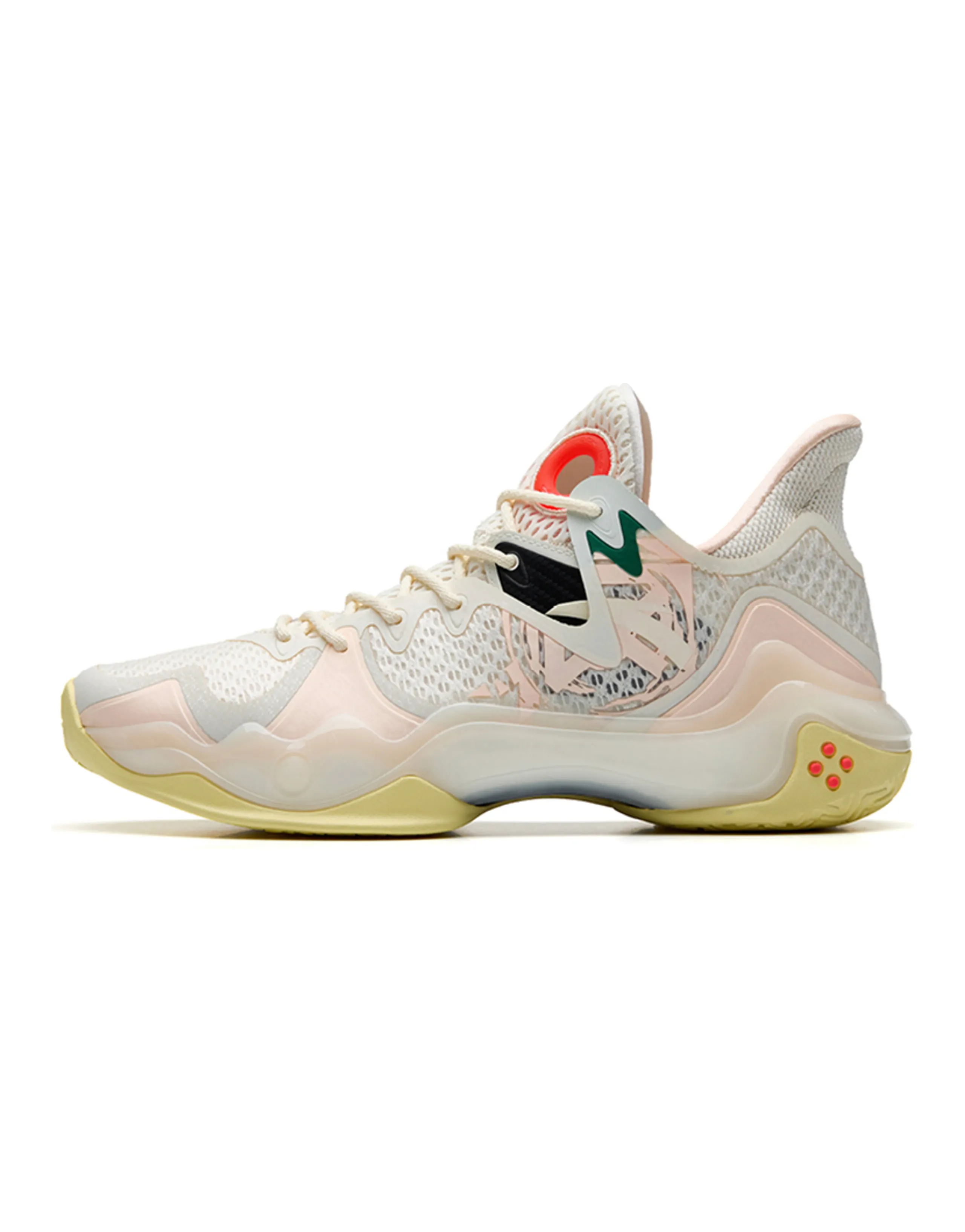 ANTA Shock Wave 4 Basketball Shoes Men Low Top Light Beige White/Fluorescent Highlight Pink