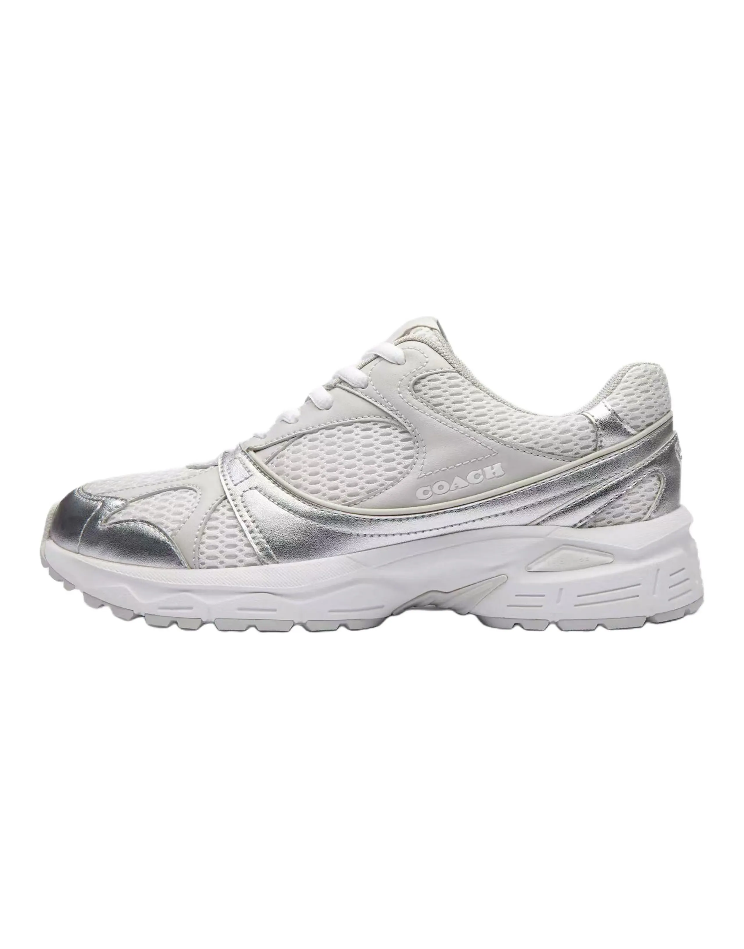 COACH Mesh Leather Round Toe Lace-Up Low-Top Casual Lifestyle Shoes Women's Silver
