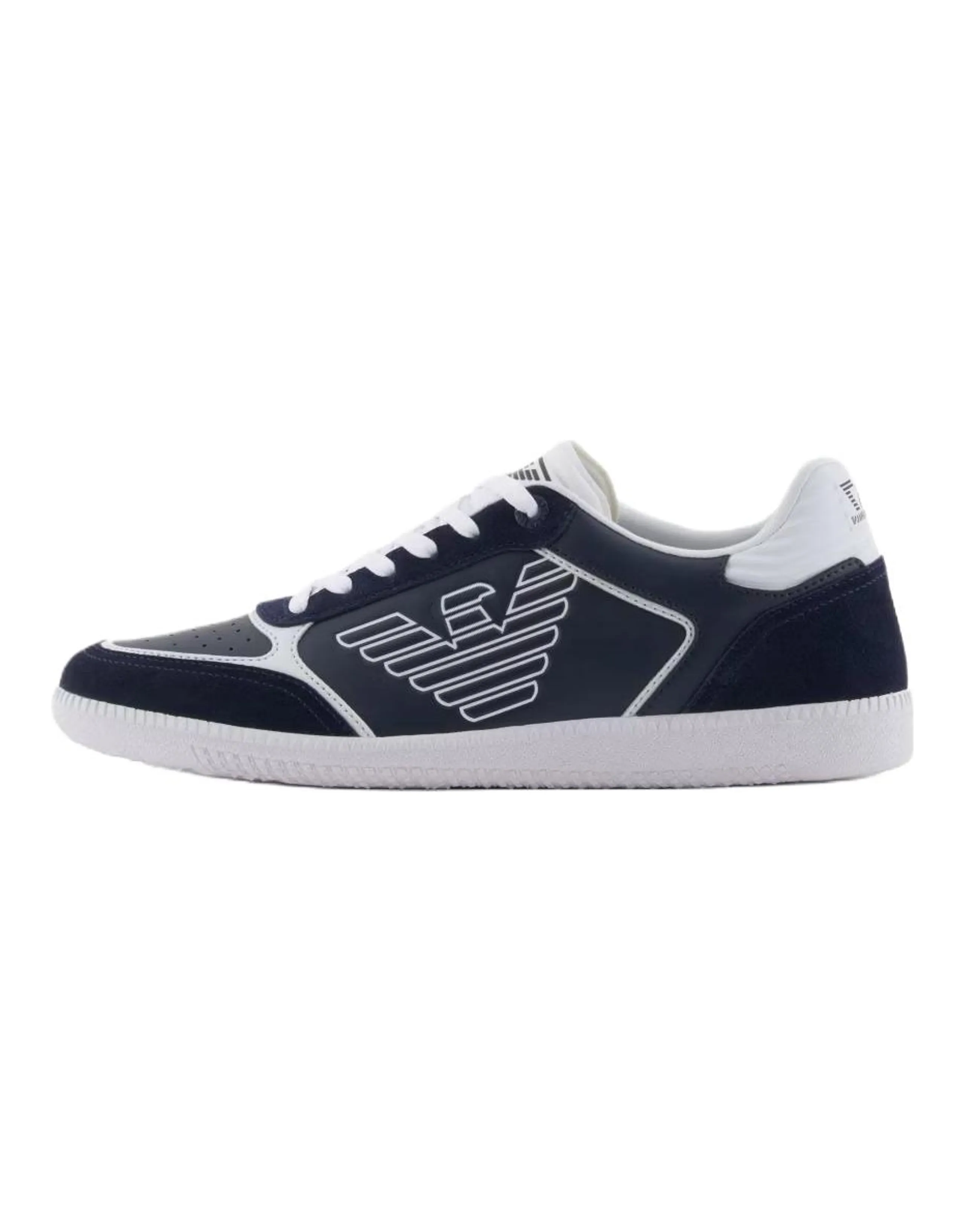 EMPORIO ARMANI EA7 Calfskin Polyester Round Toe Lace-Up Eagle Logo Low-Top Sneakers Unisex Navy Blue