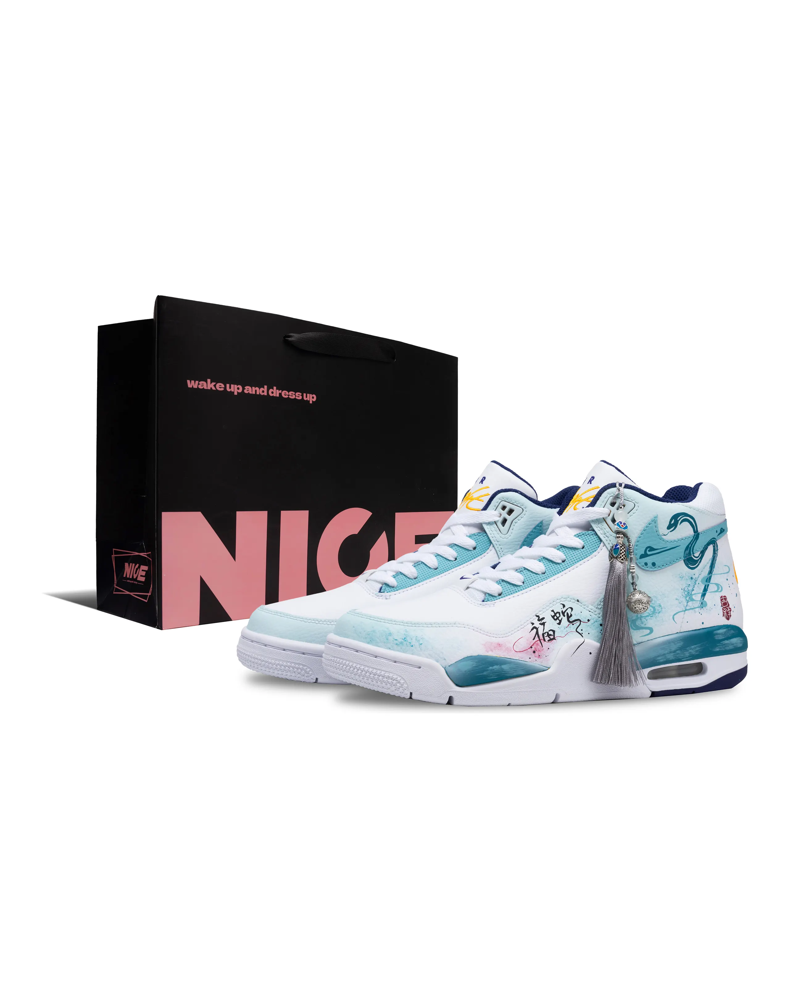 Custom Sneakers Nike Flight Legacy 'Lunar Snake' Mid-Top Retro Basketball Shoes Men's White Blue